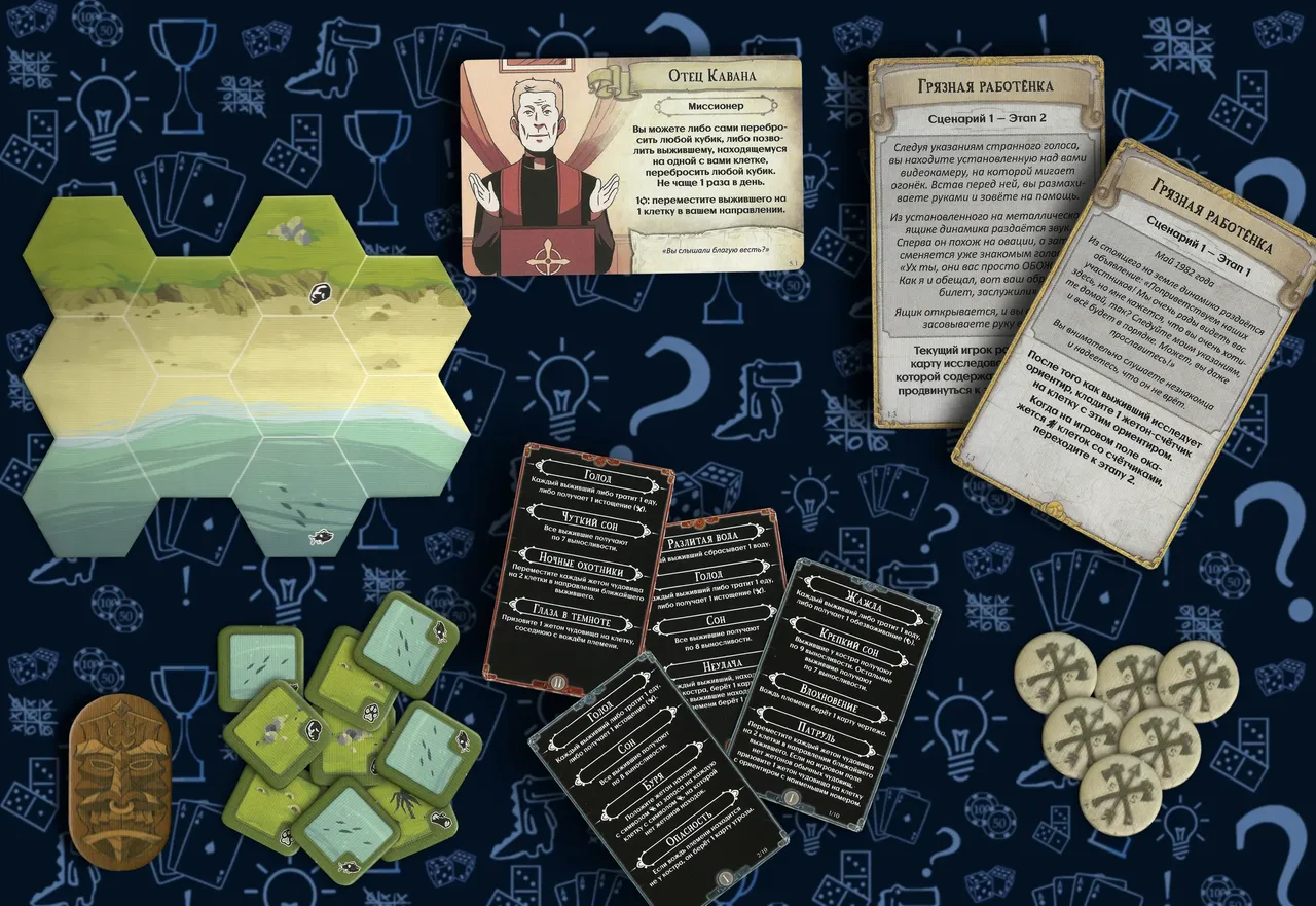 Частьсодержимого настольной игры «Остаться в живых: неизведанные земли»