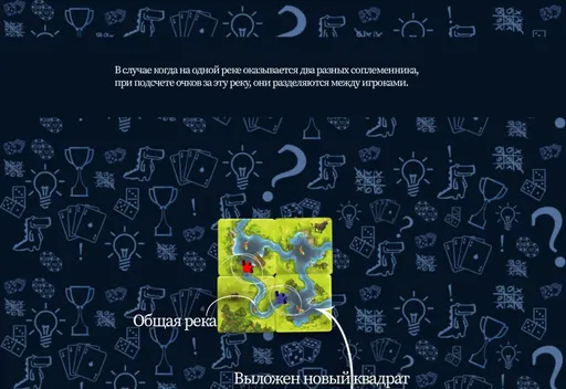Квадратыместности и выкладывания двух рыболовов на одной реке в настольной игре Каркассон: Охотники и собиратели (rolethedice.ru Бросьте Кости)